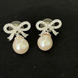 Silver Tone Stud Earrings w/Faux Pearl Dangles